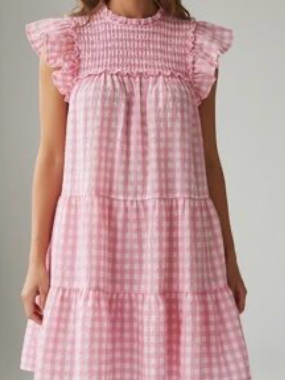 crown & ivy Pink Gingham Smocked Tiered Dress size medium